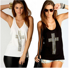 2014 NEW Free Shipping Sexy Fashion Rhinestones Cross Hot Drill Racerback Low o-neck Slim Tanks Womens Vest t-shirts