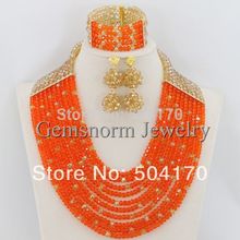 2015 Latest New Orange and Gold Nigerian Wedding Beads Jewerly Set African Bridal Jewelry Set Christmas