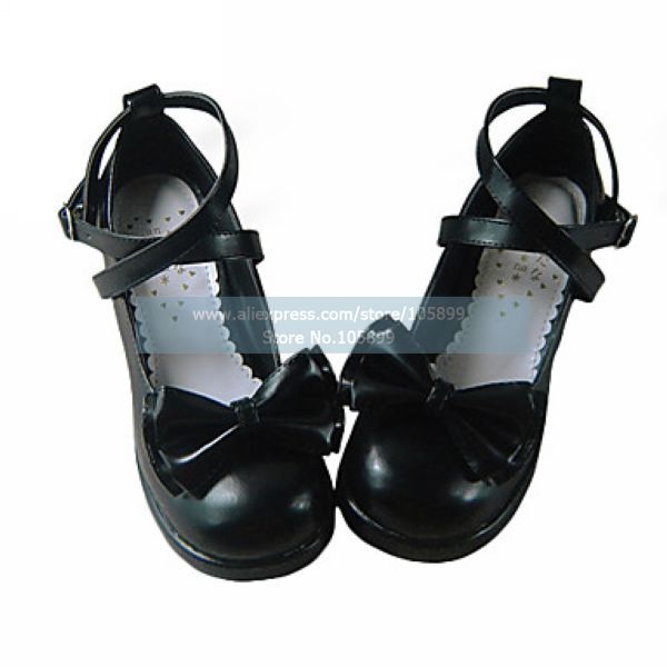 Black PU Leather 4 5cm High Heel Classic Lolita Shoes with Bow