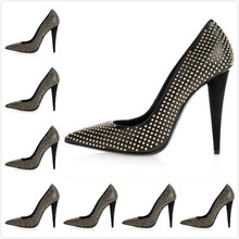 2014 Women’s New Fashion Black Genuine Leather With Gold Rhinestone Pointed Toe Pumps,Ladies Luxury High Spike Heels Nude Shoes