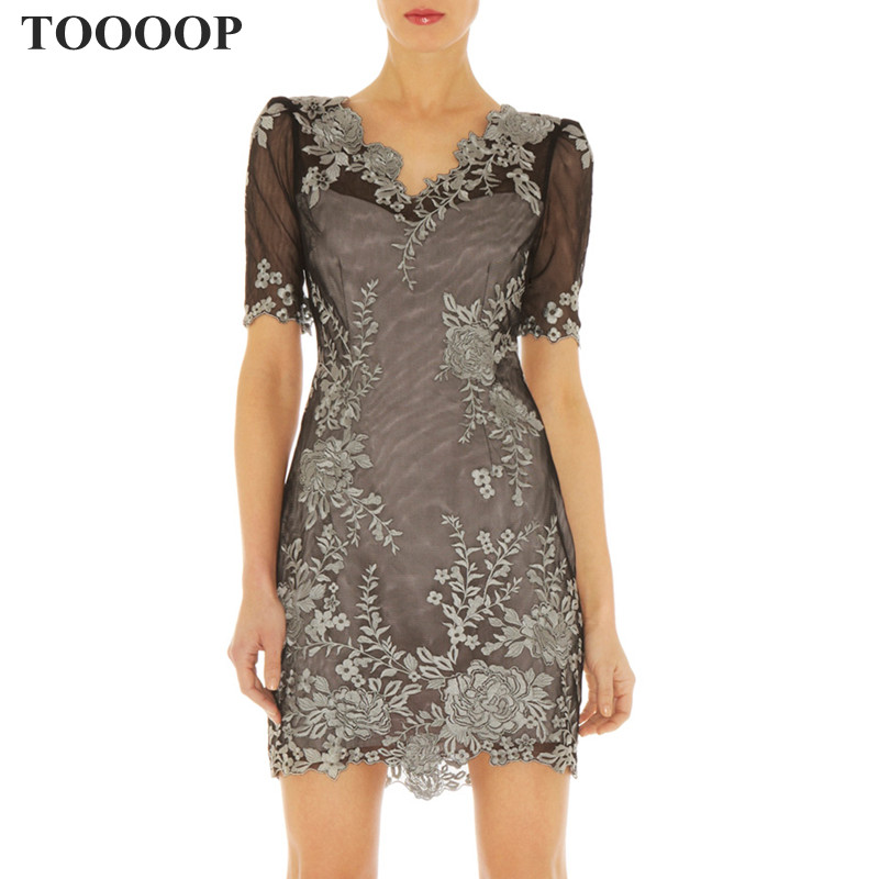 2014 spring and summer fashion circled V neck short sleeve embroidery flower slim elegant formal dress