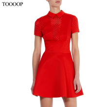 2014 spring and summer short-sleeve fashion red sexy cutout of perspectivity turn-down collar slim one-piece dress a