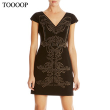 2014 spring and summer fashion double V-neck luxury beading paillette elegant short-sleeve dress slim