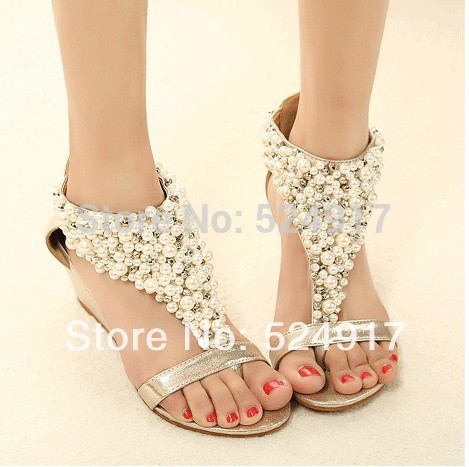 2014 new hot sale women sandals European hand string pearl among the small slope toe with