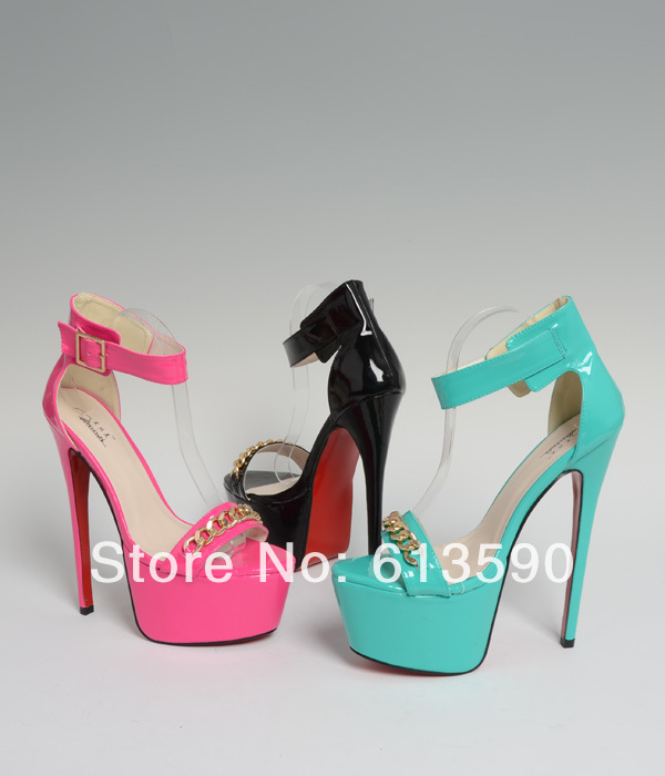 Summer 2014 female woman shoes 19cm red bottom high heels Belt buckle wedding sandals Metal chain