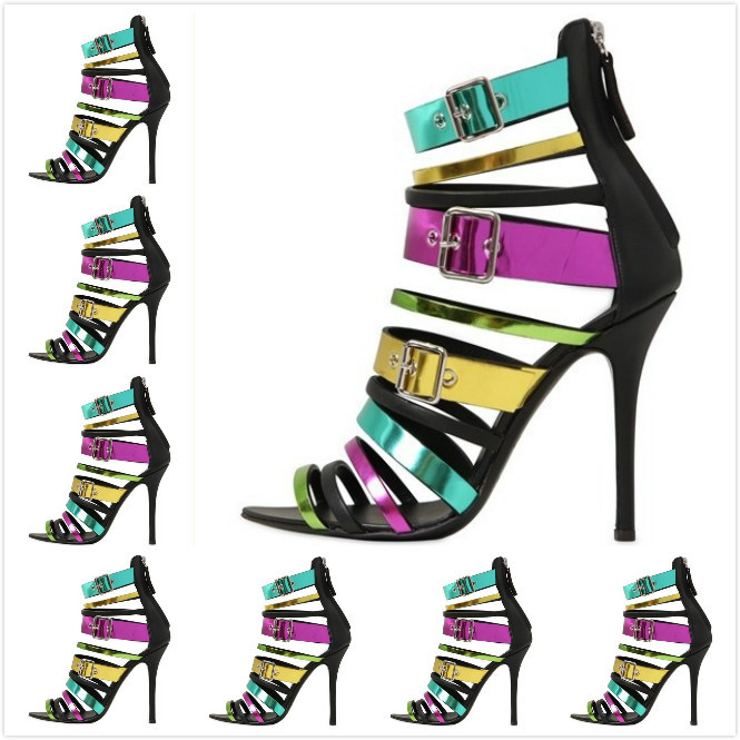 2014 Women s Multi Color Leather Patchwork With Buckle Summer Ankle Strap Boots Sandals Ladies Design