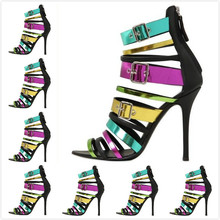 2014 Women’s Multi Color Leather Patchwork With Buckle Summer Ankle Strap Boots Sandals,Ladies Design Sexy High Heel Party Pumps