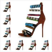 2014 Women’s Brown Suede With Crystal Back Zip 12cm High Heel Summer Sandals,Ladies Design Fashion Ankle Strap Boots,Brand Pumps