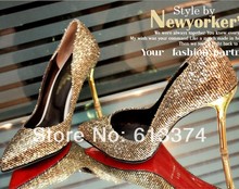 Free Shipping New Arrival 2014 Party Pumps Pointed Toe Glitters Genuine Leather Gold Wedding Shoes Sexy Women’s High Heels