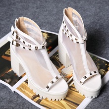 Brand design high quality women summer boots ,punk black white genuine leather shoes,fashion open toe pumps sandals for women