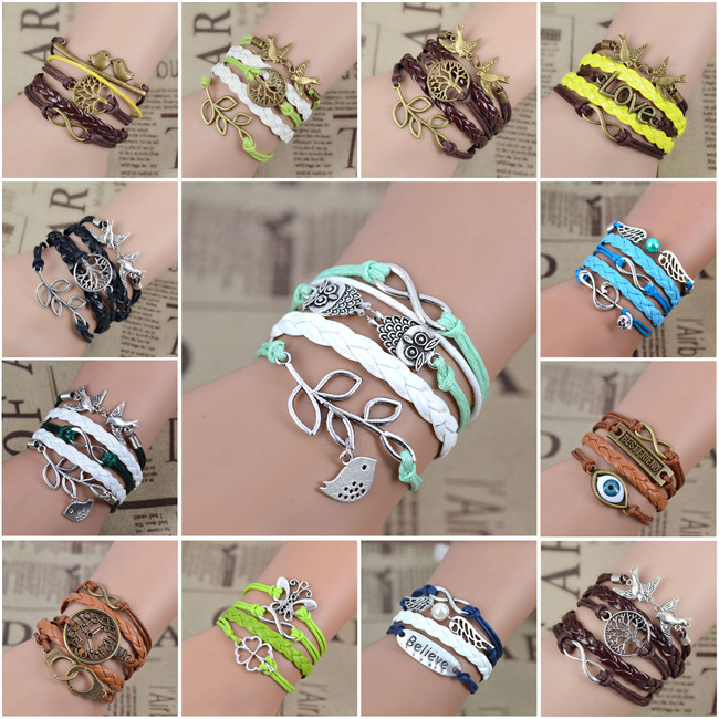 Mix Infinity love leather love owl Leaf charm handmade bracelet bangles jewelry friendship gift items