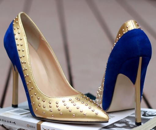 2014 New Style Rivets Pointed Toe Shoes Women Pumps Shallow Mouth High Heels Beautiful Shape Special