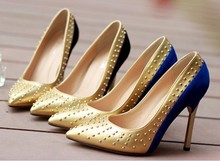 2014 New Style Rivets Pointed Toe Shoes Women Pumps Shallow Mouth High Heels Beautiful Shape Special