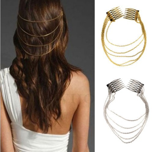 1 x Fashion Punk Hair Cuff Pin Clip 2 Combs Tassels Chains Head Band Silver Gold