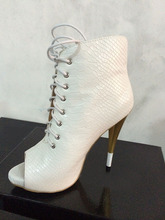 2014 Women s New Fashion White Sneaker Print Leather Golden Spike Heels Peep Toe Ankle Boots