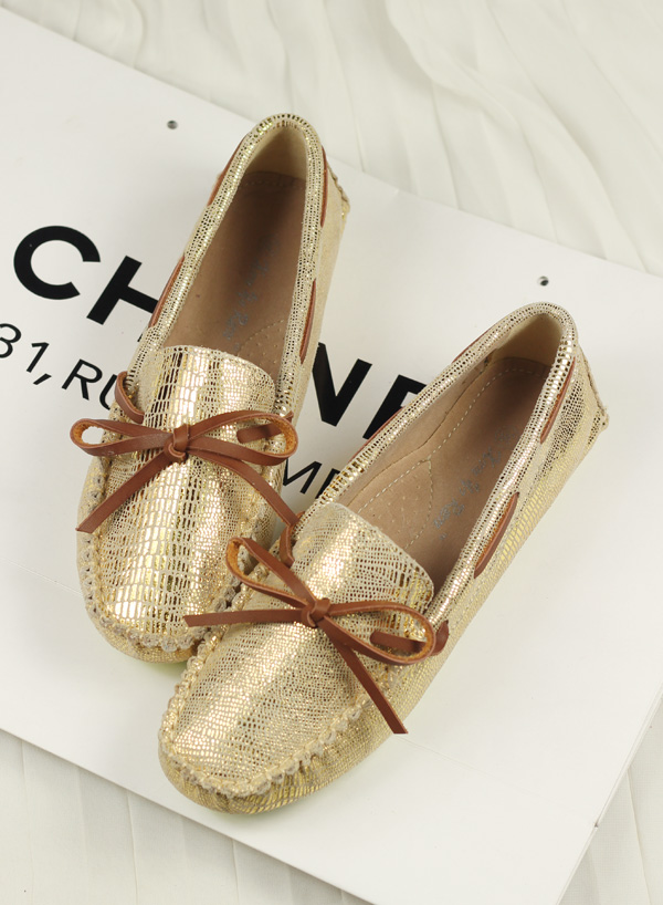 Fashion vintage gold genuine leather paillette bow flat bottom single shoes gommini women s loafers casual
