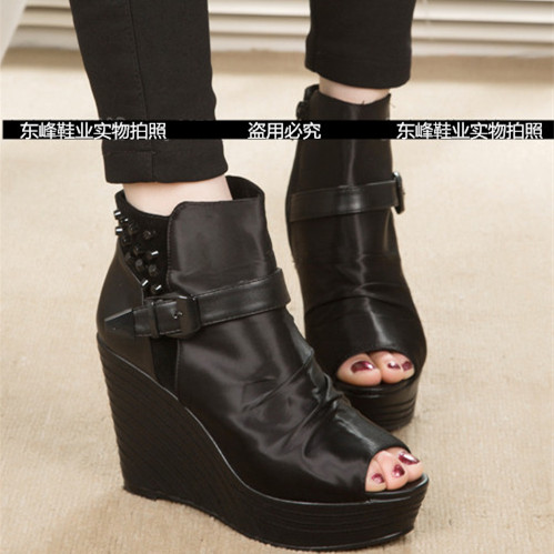 Fashion spring 2014 wedges high heeled shoes buckle rivet open toe women s shoes platform single