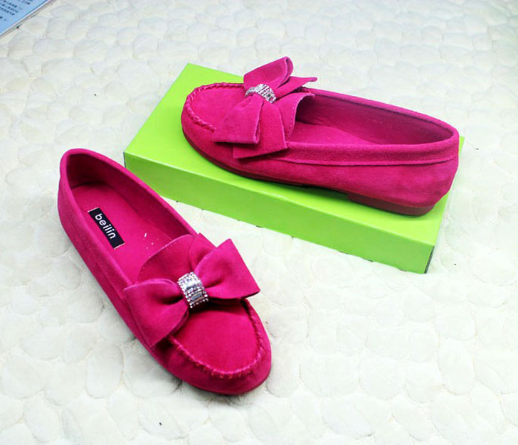 Comfortable women s shoes bow flat genuine leather driving shoes single shoes nubuck leather flat heel