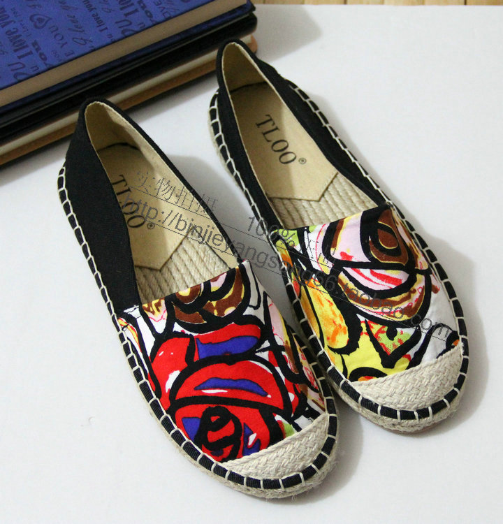 Handmade flat shoes low hemp soled lounged canvas shoes street non mainstream colored drawing women s