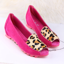 2014 women’s genuine leather wedges shoes open toe sandals shoe female nubuck leather leopard print flat casual shoes