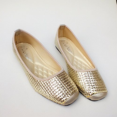 Square toe black gold shallow mouth women s flat heel shoes check soft plus size flat