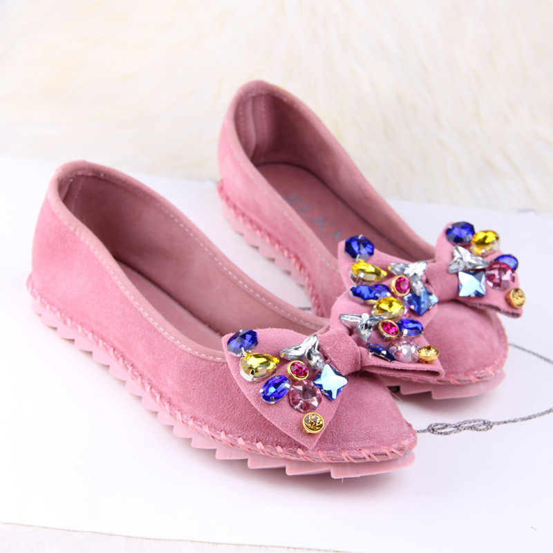 2014 spring and summer toe pointed shallow mouth rhinestone scrub bow genuine leather loafers female gommini