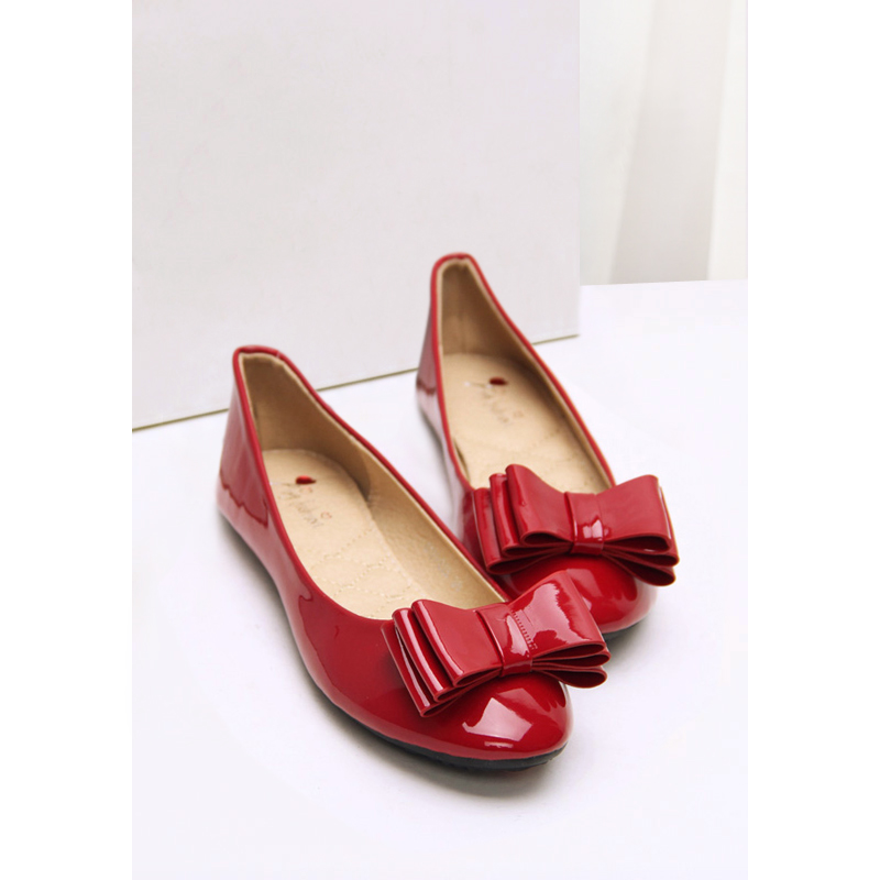 Fashion star bow flat bridal shoes wedding shoes red flat heel ballet sweet japanned leather single