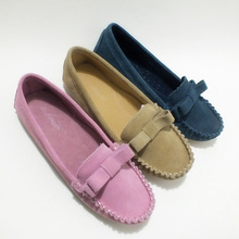 Nubuck cowhide genuine leather round toe pleated bow flat single shoes flat heel women’s shoes gommini loafers cow muscle shoes