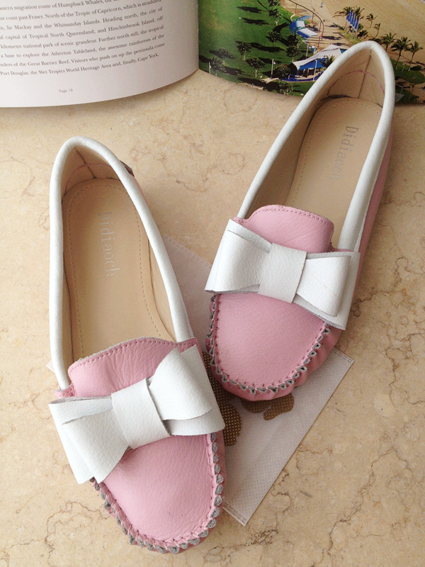 Cowhide genuine leather round toe bow soft pleated flat bottomed single shoes colorant match flat heel
