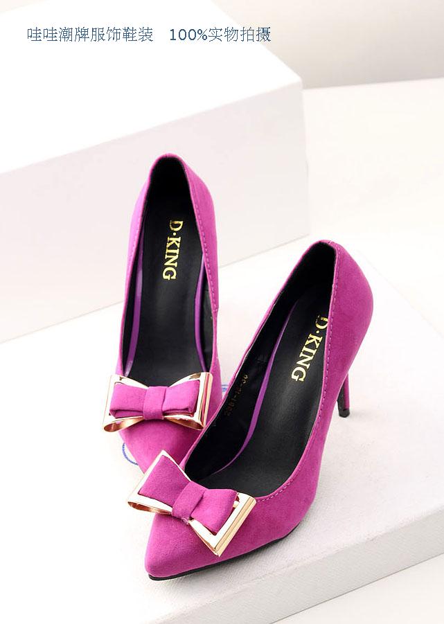 Single shoes velvet bow metal decoration princess high heeled shoes pointed toe women s shoes wedding