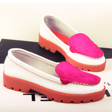 2014 shallow mouth round toe genuine leather horse hair color block decoration color block platform single shoes women’s shoes