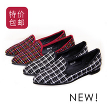 Fashion vintage houndstooth shallow mouth pointed toe flat heel flat black and white red low single shoes women’s shoes