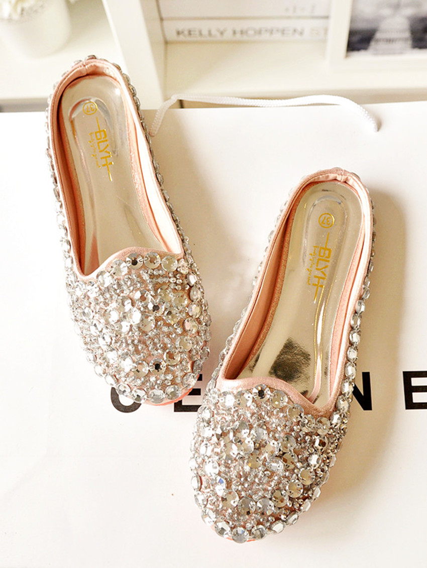 Fresh round toe summer rhinestone beaded slippers flat bottom flat heel bling blue gold pink female