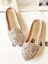 Fresh round toe summer rhinestone beaded slippers flat bottom flat heel bling blue gold pink female sandals