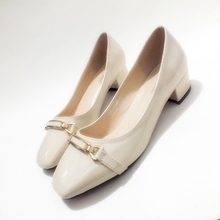 Fresh square toe with the single shoes japanned leather bright color black thick heels shoes red sole OL outfit shallow mouth