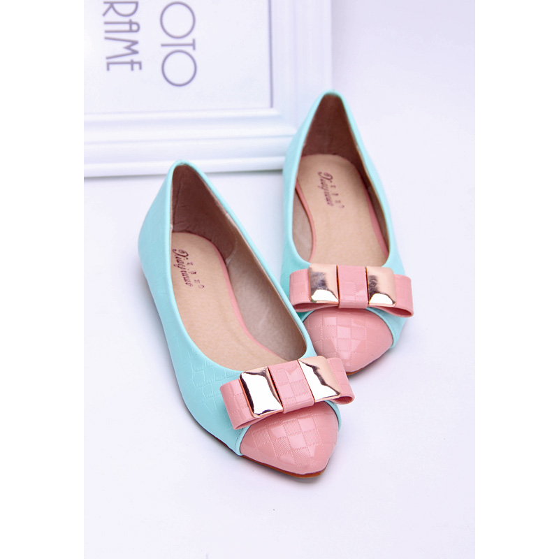 2014 flat heel single shoes shallow mouth color block decoration bow pointed toe flat casual all