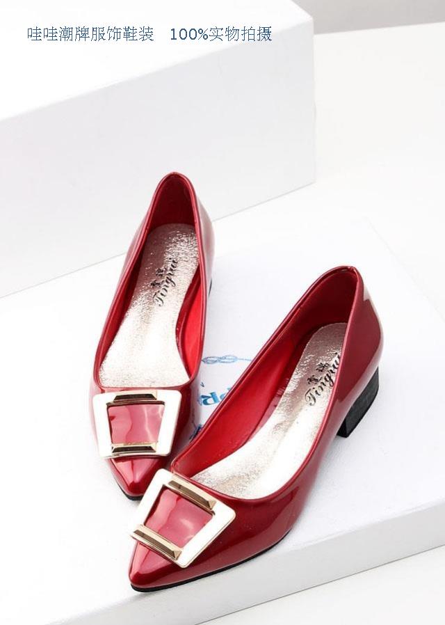 Fashion new arrival 2014 women s shoes metal side buckle pointed toe japanned leather low heeled