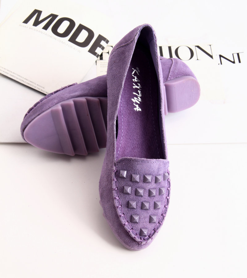 Spring cowhide pointed toe rivet low single shoes shallow mouth platform shoes elevator women s purple