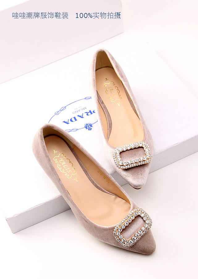 Single shoes female medium hells shoes pointed toe fashion rhinestone diamond side buckle solid color all