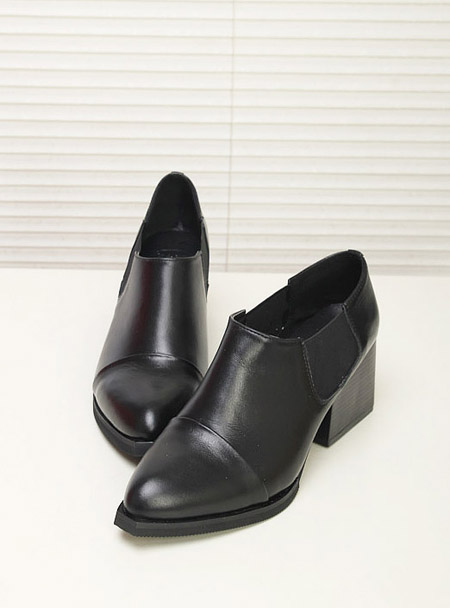 Black high heeled shoes genuine leather shoes thick heel fashion street ol women s shoes pointed