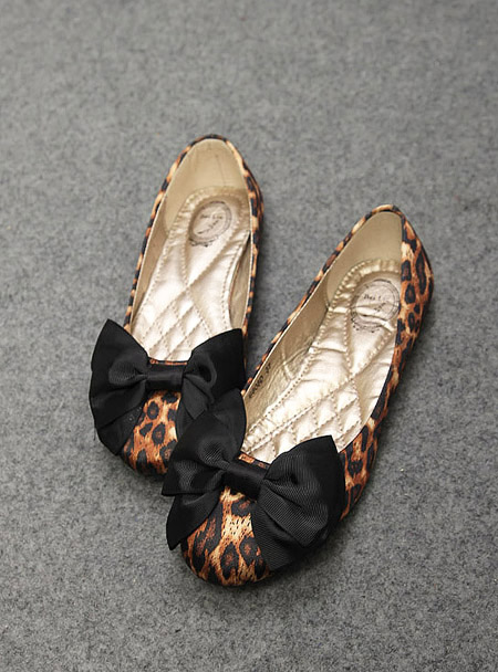 Street fashion leopard print bow flat single shoes comfortable massage liner plus size round toe shoes