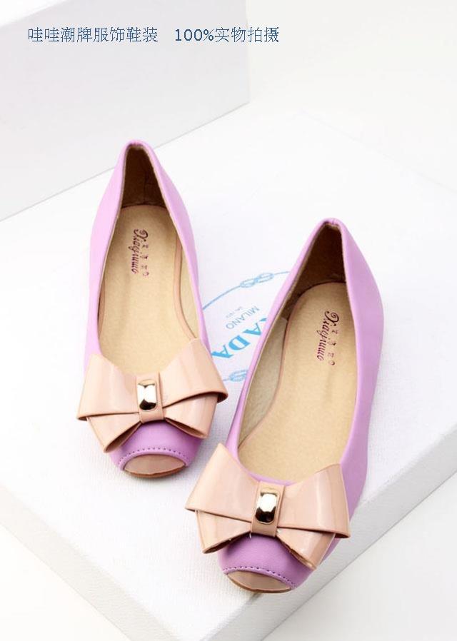 Spring and summer single shoes metal bow sweet candy color block decoration square toe flat shoes