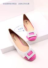 Sweet princess wind small rhinestone side buckle shallow mouth shoes color block decoration square toe comfortable flat-bottomed