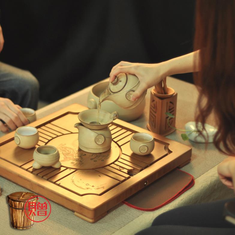 Rustic coarse pottery ceramic kung fu tea set bamboo tea tray belt tea sea tea sets