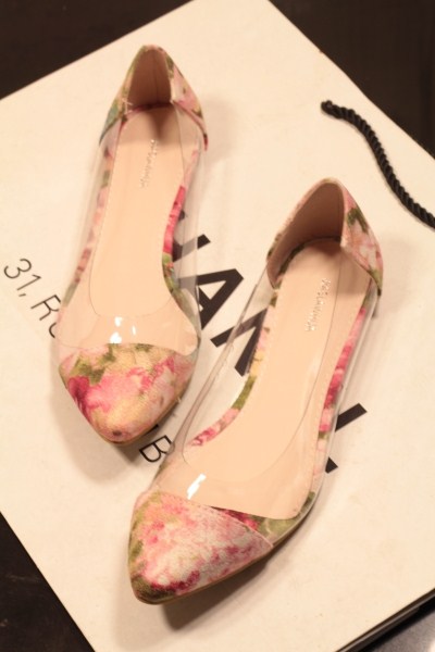 Flat heel single shoes broken flower shallow mouth pointed toe flat transparent cutout fashion female shoes