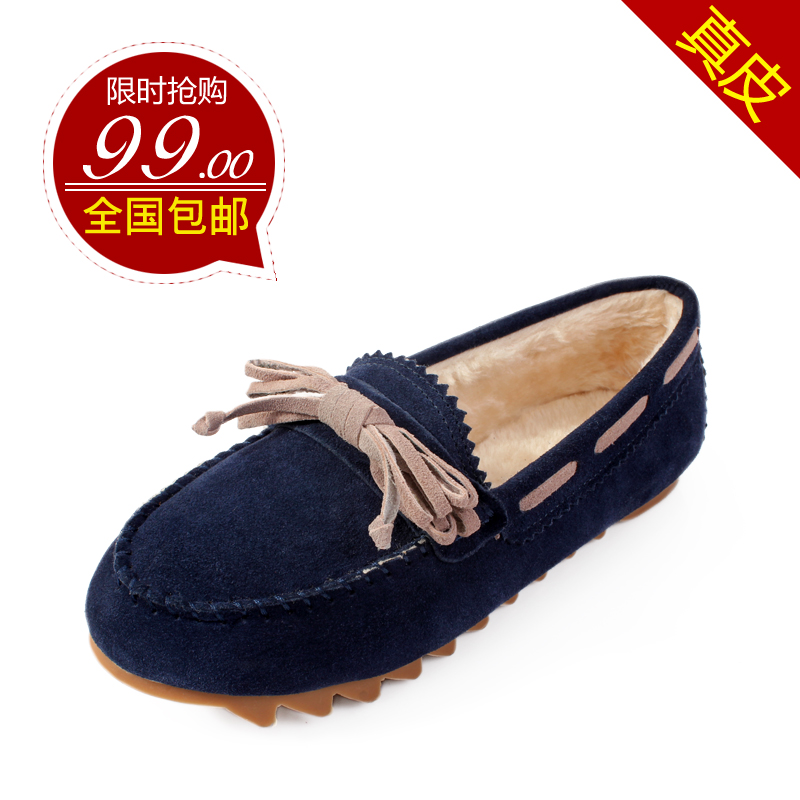 2013 winter flower genuine leather female flat single shoes flats round toe thermal gommini female loafers