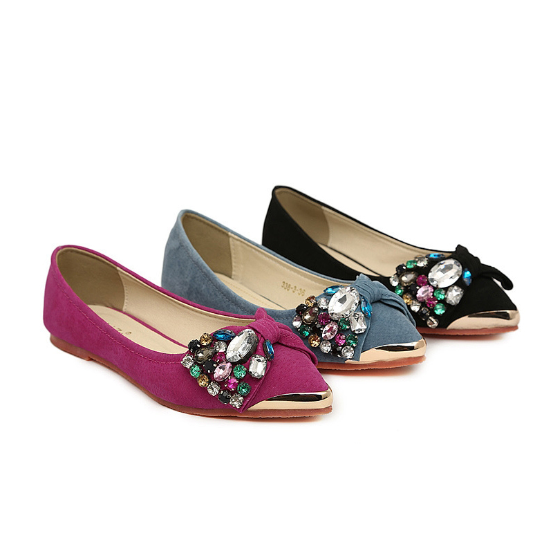 Single shoes female flat heel multicolour rhinestone metal flower pointed toe soft cow muscle outsole flat
