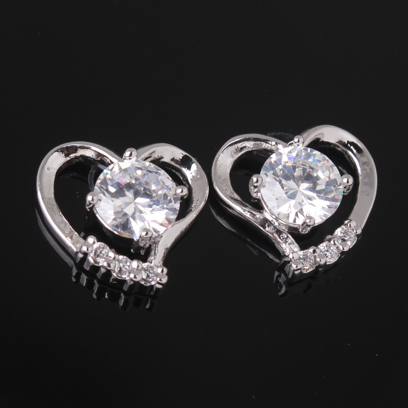 Mother Day 2014 Fashion Love Heart 18k White Gold Plated White Stones CZ Stud Earrings Female