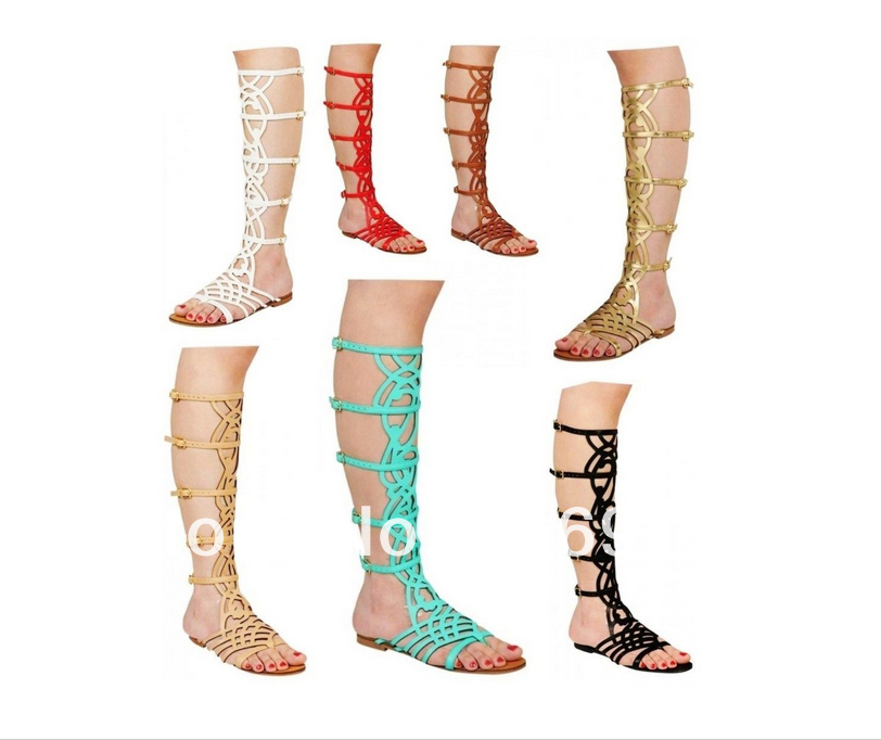 2014 summer women's Sexy long Boots cut-outs Gladiator flat Sandal ...