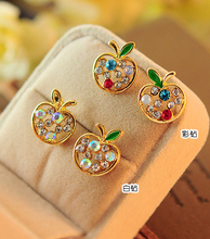 Korean Sweet Girls 18KG Plated New Fashion Shiny Cystal Rhinestone Cute Apple 18KGP Cystal Gem Stud Earrings E3282